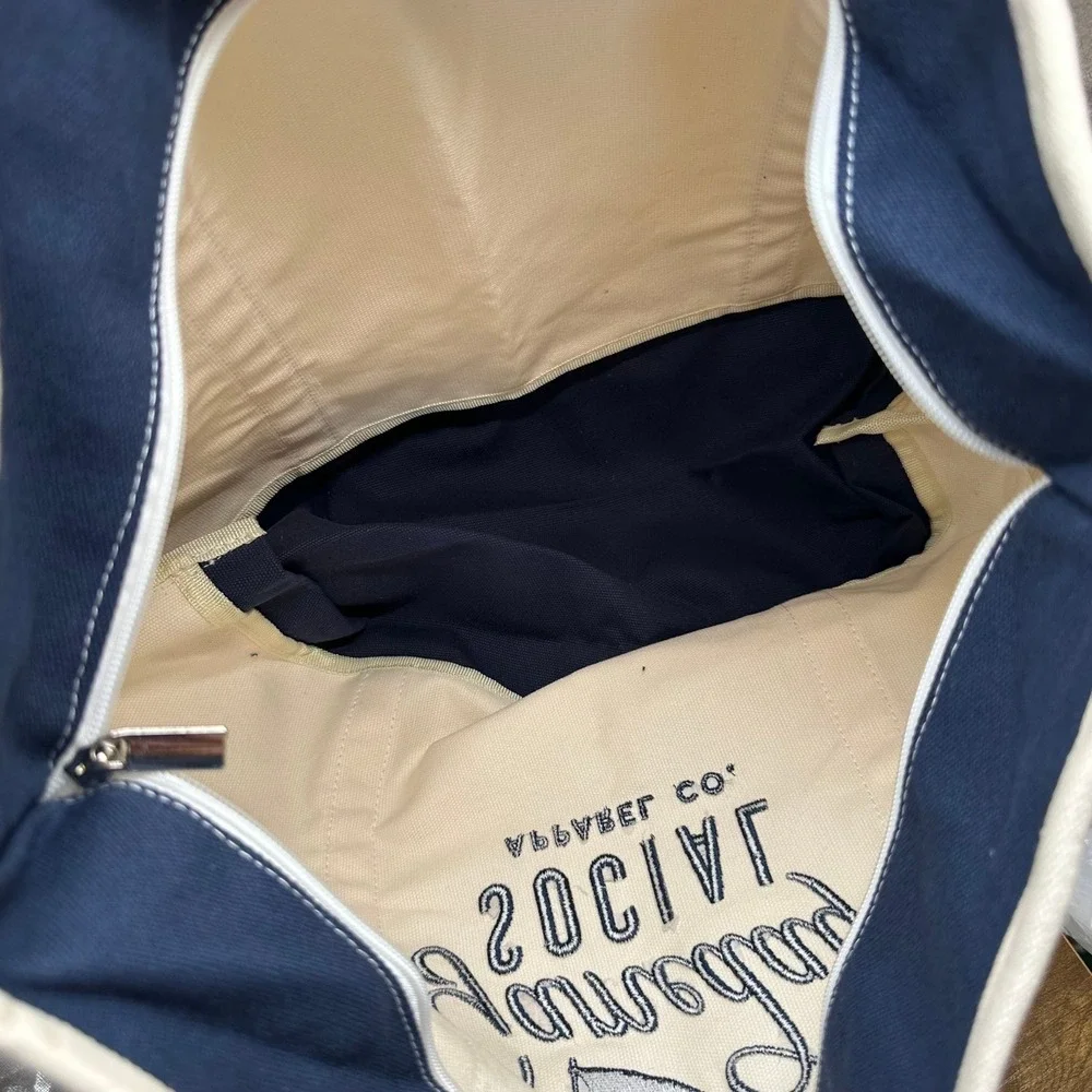 Gameday Social Apparel Co Canvas Tote Bag Navy‎ Blue Cream Zipper Top Boat Bag